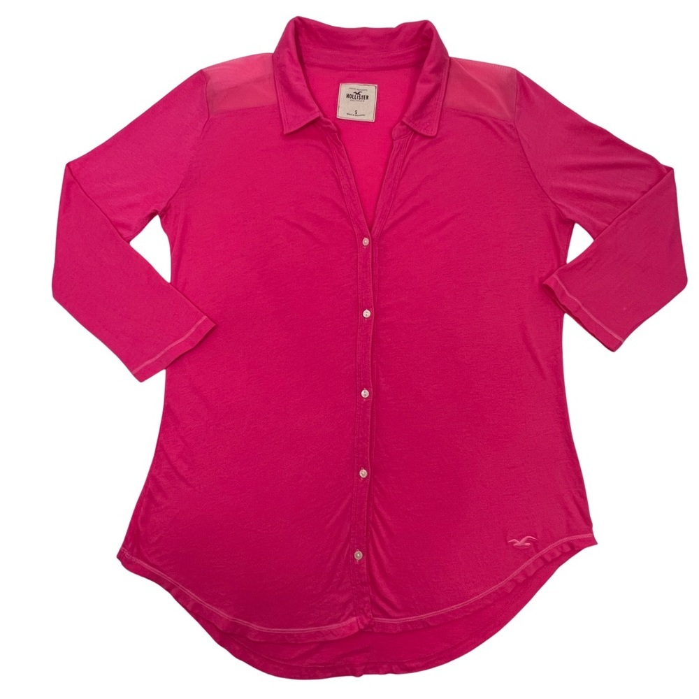 Hollister Tee Mesh Shoulder Button Front Hot Pink Barbiecore Medium M - Picture 3 of 17